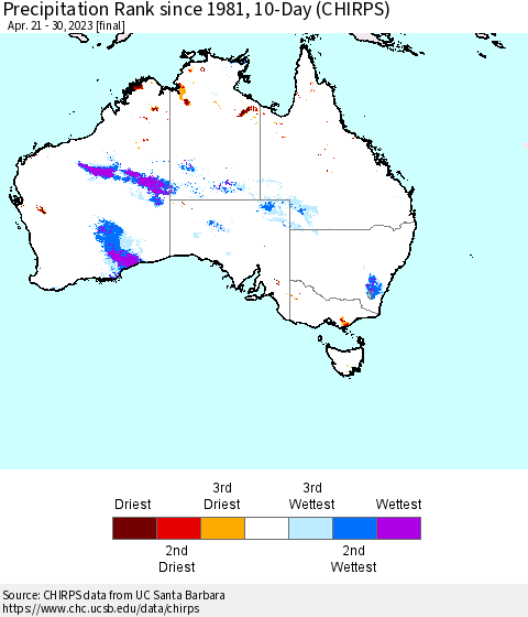 Australia Precipitation Rank since 1981, 10-Day (CHIRPS) Thematic Map For 4/21/2023 - 4/30/2023