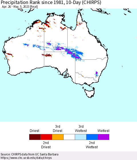Australia Precipitation Rank since 1981, 10-Day (CHIRPS) Thematic Map For 4/26/2023 - 5/5/2023