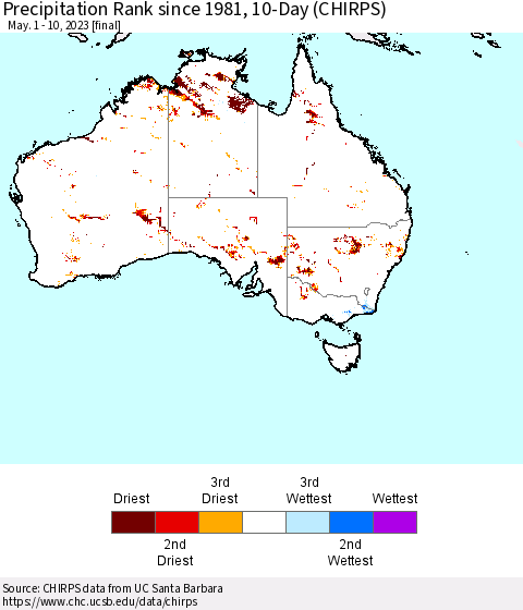 Australia Precipitation Rank since 1981, 10-Day (CHIRPS) Thematic Map For 5/1/2023 - 5/10/2023