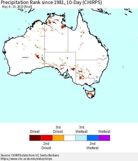 Australia Precipitation Rank since 1981, 10-Day (CHIRPS) Thematic Map For 5/6/2023 - 5/15/2023