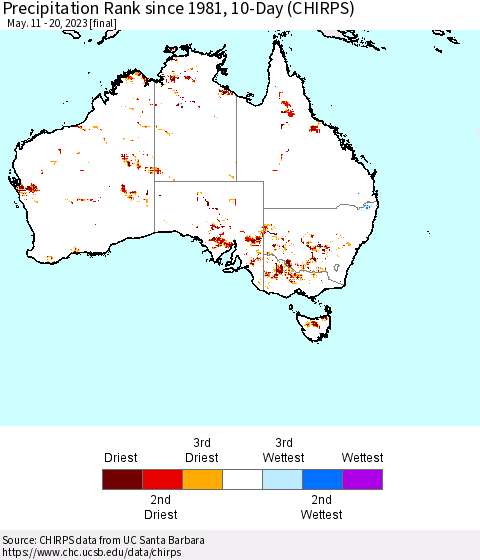 Australia Precipitation Rank since 1981, 10-Day (CHIRPS) Thematic Map For 5/11/2023 - 5/20/2023