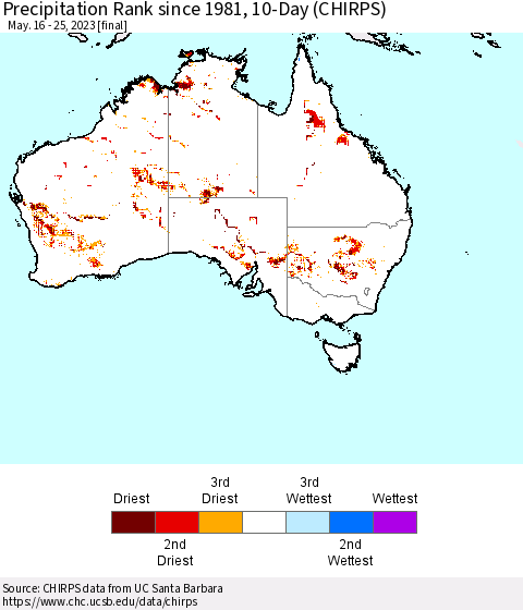 Australia Precipitation Rank since 1981, 10-Day (CHIRPS) Thematic Map For 5/16/2023 - 5/25/2023