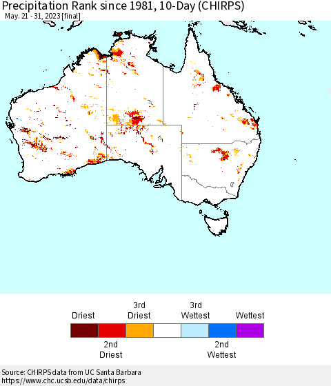Australia Precipitation Rank since 1981, 10-Day (CHIRPS) Thematic Map For 5/21/2023 - 5/31/2023