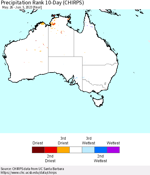 Australia Precipitation Rank since 1981, 10-Day (CHIRPS) Thematic Map For 5/26/2023 - 6/5/2023