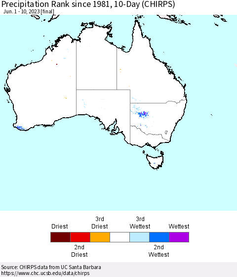 Australia Precipitation Rank since 1981, 10-Day (CHIRPS) Thematic Map For 6/1/2023 - 6/10/2023