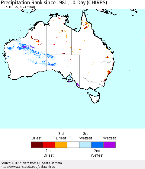 Australia Precipitation Rank since 1981, 10-Day (CHIRPS) Thematic Map For 6/16/2023 - 6/25/2023