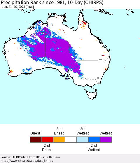 Australia Precipitation Rank since 1981, 10-Day (CHIRPS) Thematic Map For 6/21/2023 - 6/30/2023