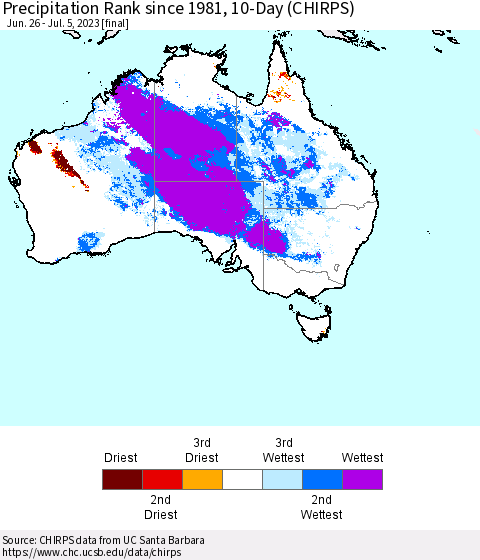 Australia Precipitation Rank since 1981, 10-Day (CHIRPS) Thematic Map For 6/26/2023 - 7/5/2023