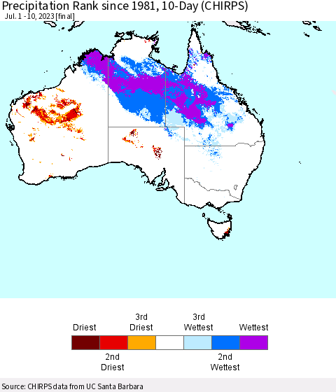 Australia Precipitation Rank since 1981, 10-Day (CHIRPS) Thematic Map For 7/1/2023 - 7/10/2023