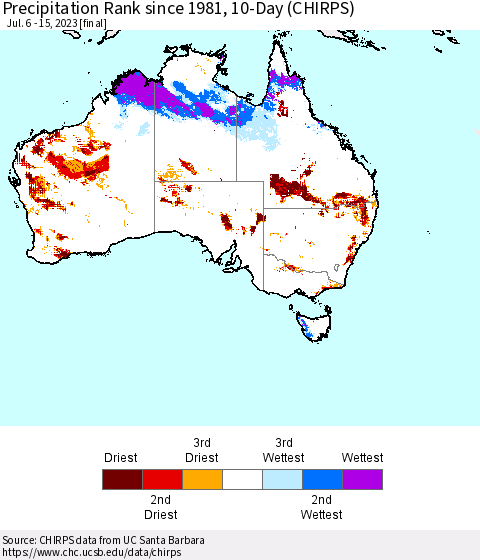 Australia Precipitation Rank since 1981, 10-Day (CHIRPS) Thematic Map For 7/6/2023 - 7/15/2023