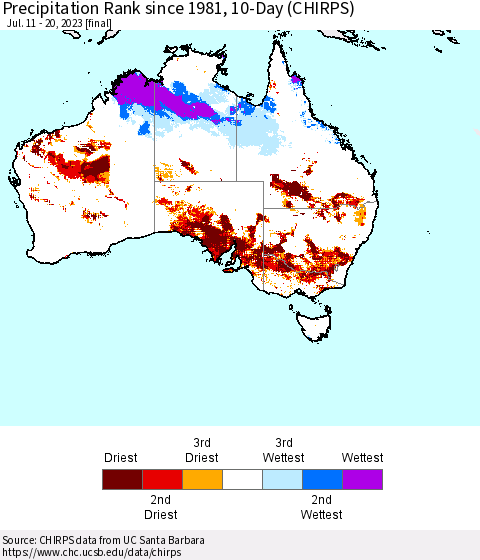 Australia Precipitation Rank since 1981, 10-Day (CHIRPS) Thematic Map For 7/11/2023 - 7/20/2023