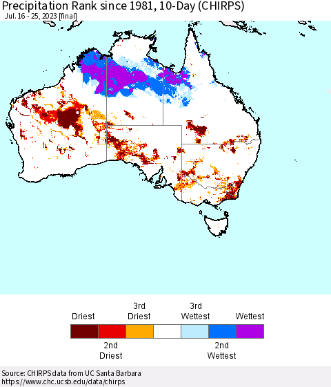 Australia Precipitation Rank since 1981, 10-Day (CHIRPS) Thematic Map For 7/16/2023 - 7/25/2023