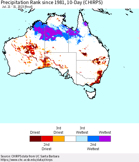 Australia Precipitation Rank since 1981, 10-Day (CHIRPS) Thematic Map For 7/21/2023 - 7/31/2023