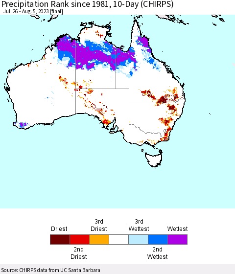 Australia Precipitation Rank since 1981, 10-Day (CHIRPS) Thematic Map For 7/26/2023 - 8/5/2023