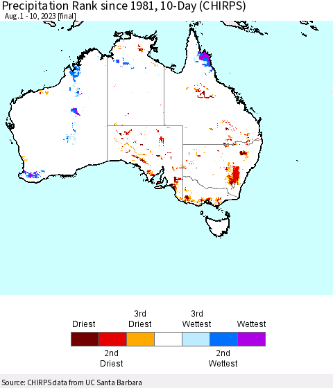 Australia Precipitation Rank since 1981, 10-Day (CHIRPS) Thematic Map For 8/1/2023 - 8/10/2023