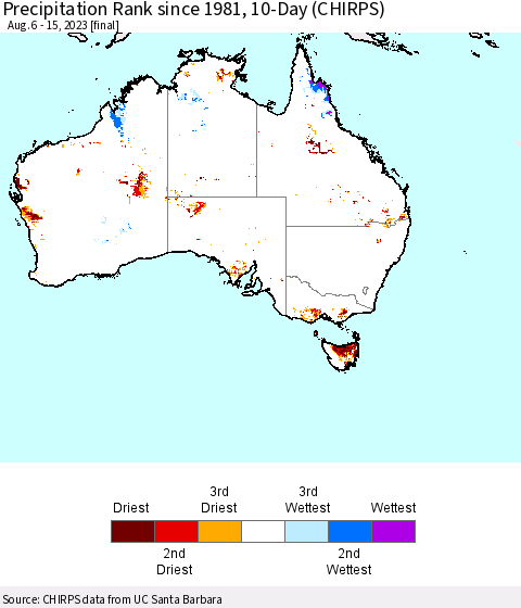 Australia Precipitation Rank since 1981, 10-Day (CHIRPS) Thematic Map For 8/6/2023 - 8/15/2023