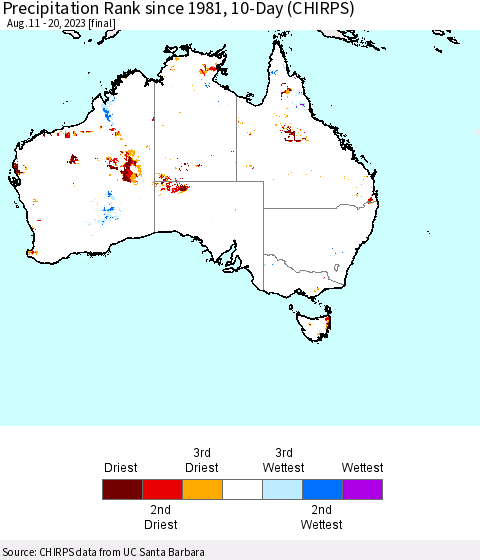 Australia Precipitation Rank since 1981, 10-Day (CHIRPS) Thematic Map For 8/11/2023 - 8/20/2023