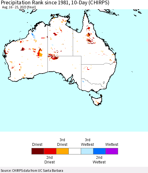 Australia Precipitation Rank since 1981, 10-Day (CHIRPS) Thematic Map For 8/16/2023 - 8/25/2023