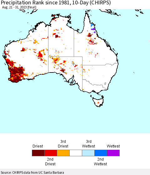 Australia Precipitation Rank since 1981, 10-Day (CHIRPS) Thematic Map For 8/21/2023 - 8/31/2023