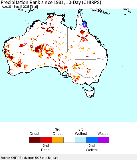 Australia Precipitation Rank since 1981, 10-Day (CHIRPS) Thematic Map For 8/26/2023 - 9/5/2023