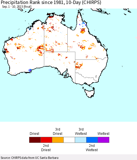 Australia Precipitation Rank since 1981, 10-Day (CHIRPS) Thematic Map For 9/1/2023 - 9/10/2023