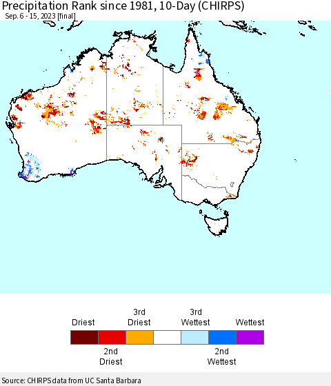 Australia Precipitation Rank since 1981, 10-Day (CHIRPS) Thematic Map For 9/6/2023 - 9/15/2023