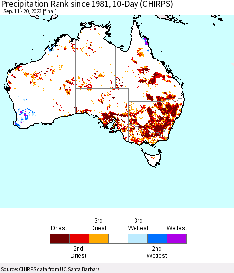 Australia Precipitation Rank since 1981, 10-Day (CHIRPS) Thematic Map For 9/11/2023 - 9/20/2023