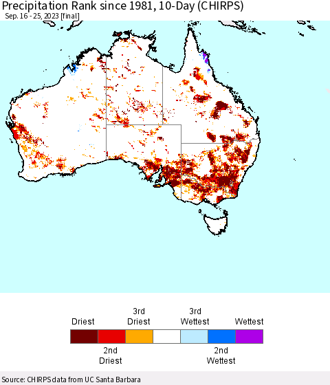 Australia Precipitation Rank since 1981, 10-Day (CHIRPS) Thematic Map For 9/16/2023 - 9/25/2023