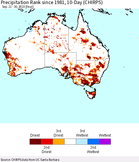 Australia Precipitation Rank since 1981, 10-Day (CHIRPS) Thematic Map For 9/21/2023 - 9/30/2023