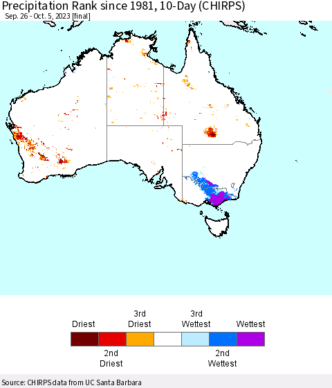 Australia Precipitation Rank since 1981, 10-Day (CHIRPS) Thematic Map For 9/26/2023 - 10/5/2023