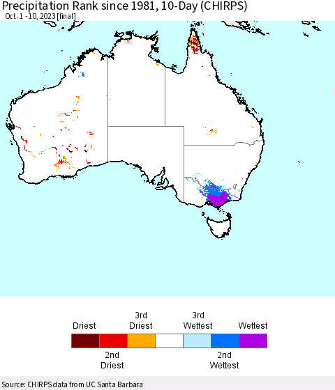 Australia Precipitation Rank since 1981, 10-Day (CHIRPS) Thematic Map For 10/1/2023 - 10/10/2023