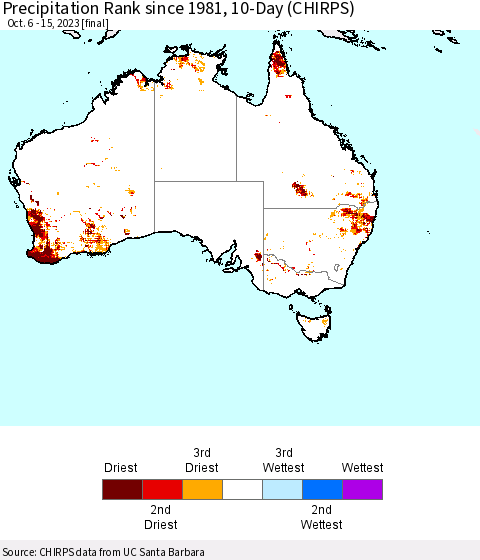 Australia Precipitation Rank since 1981, 10-Day (CHIRPS) Thematic Map For 10/6/2023 - 10/15/2023