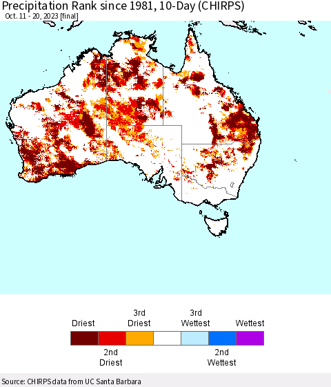 Australia Precipitation Rank since 1981, 10-Day (CHIRPS) Thematic Map For 10/11/2023 - 10/20/2023