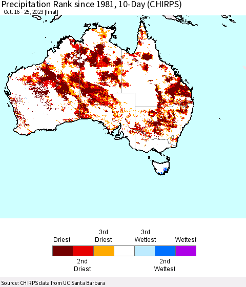 Australia Precipitation Rank since 1981, 10-Day (CHIRPS) Thematic Map For 10/16/2023 - 10/25/2023