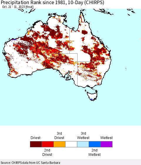 Australia Precipitation Rank since 1981, 10-Day (CHIRPS) Thematic Map For 10/21/2023 - 10/31/2023