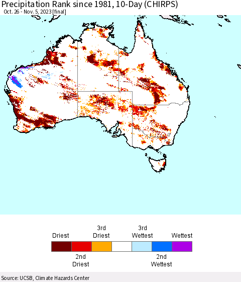 Australia Precipitation Rank since 1981, 10-Day (CHIRPS) Thematic Map For 10/26/2023 - 11/5/2023