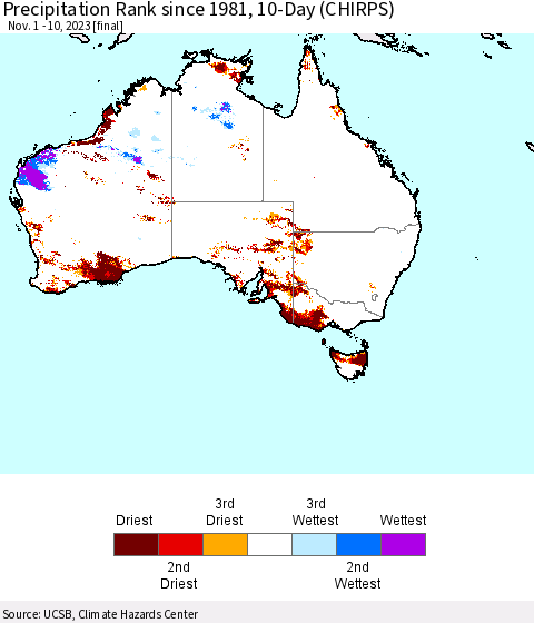 Australia Precipitation Rank since 1981, 10-Day (CHIRPS) Thematic Map For 11/1/2023 - 11/10/2023