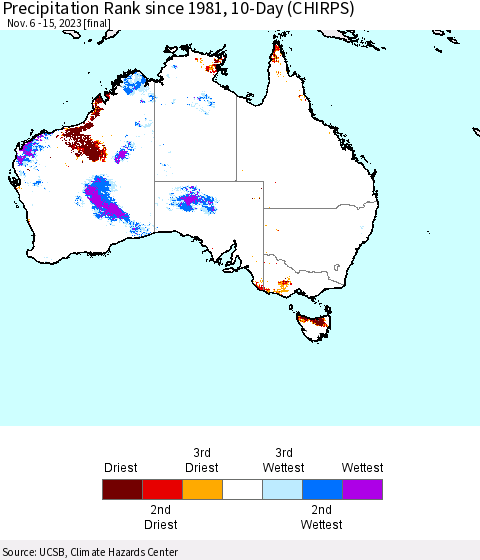 Australia Precipitation Rank since 1981, 10-Day (CHIRPS) Thematic Map For 11/6/2023 - 11/15/2023