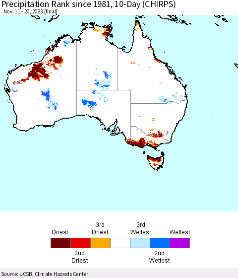 Australia Precipitation Rank since 1981, 10-Day (CHIRPS) Thematic Map For 11/11/2023 - 11/20/2023