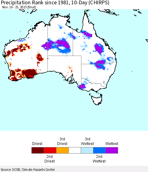 Australia Precipitation Rank since 1981, 10-Day (CHIRPS) Thematic Map For 11/16/2023 - 11/25/2023