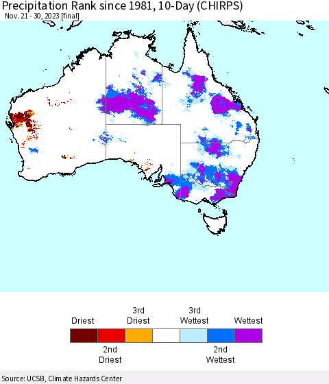 Australia Precipitation Rank since 1981, 10-Day (CHIRPS) Thematic Map For 11/21/2023 - 11/30/2023