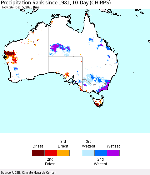 Australia Precipitation Rank since 1981, 10-Day (CHIRPS) Thematic Map For 11/26/2023 - 12/5/2023