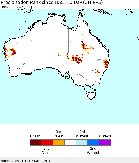 Australia Precipitation Rank since 1981, 10-Day (CHIRPS) Thematic Map For 12/1/2023 - 12/10/2023