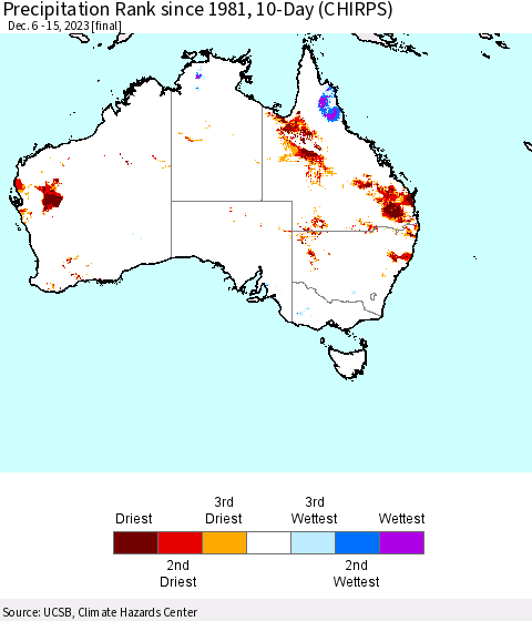 Australia Precipitation Rank since 1981, 10-Day (CHIRPS) Thematic Map For 12/6/2023 - 12/15/2023