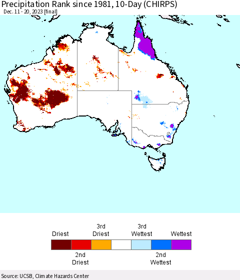 Australia Precipitation Rank since 1981, 10-Day (CHIRPS) Thematic Map For 12/11/2023 - 12/20/2023