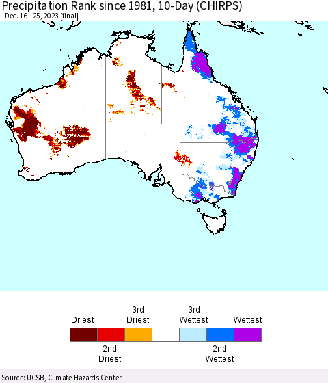 Australia Precipitation Rank since 1981, 10-Day (CHIRPS) Thematic Map For 12/16/2023 - 12/25/2023