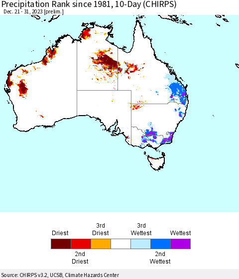 Australia Precipitation Rank since 1981, 10-Day (CHIRPS) Thematic Map For 12/21/2023 - 12/31/2023