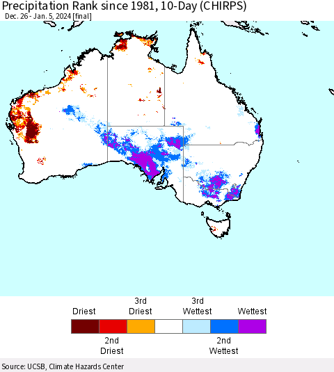 Australia Precipitation Rank since 1981, 10-Day (CHIRPS) Thematic Map For 12/26/2023 - 1/5/2024