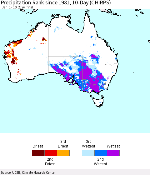 Australia Precipitation Rank since 1981, 10-Day (CHIRPS) Thematic Map For 1/1/2024 - 1/10/2024