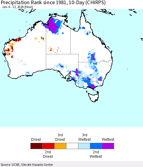 Australia Precipitation Rank since 1981, 10-Day (CHIRPS) Thematic Map For 1/6/2024 - 1/15/2024